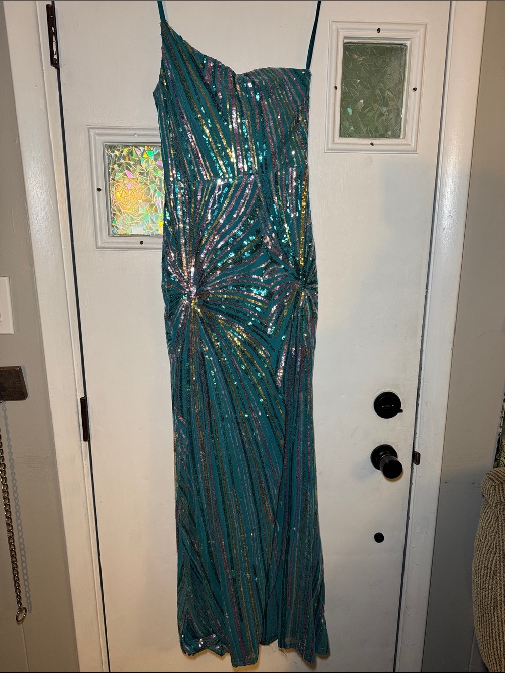 Teal Sequin One-Shoulder Gown